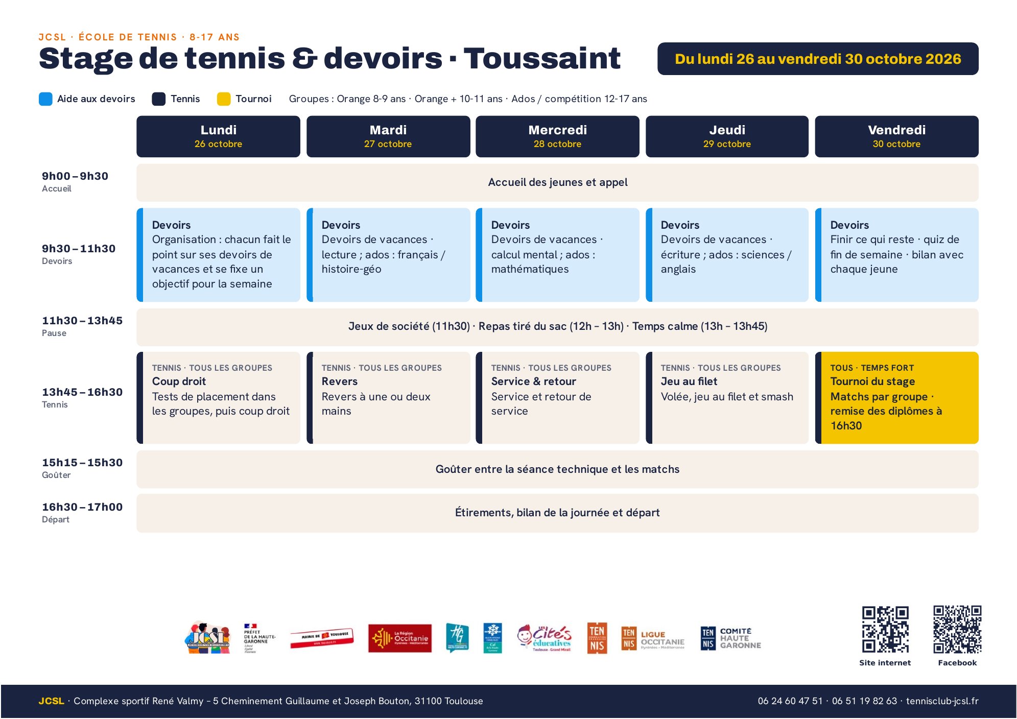 Planning du stage de tennis et devoirs du lundi 26 au vendredi 30 octobre 2026