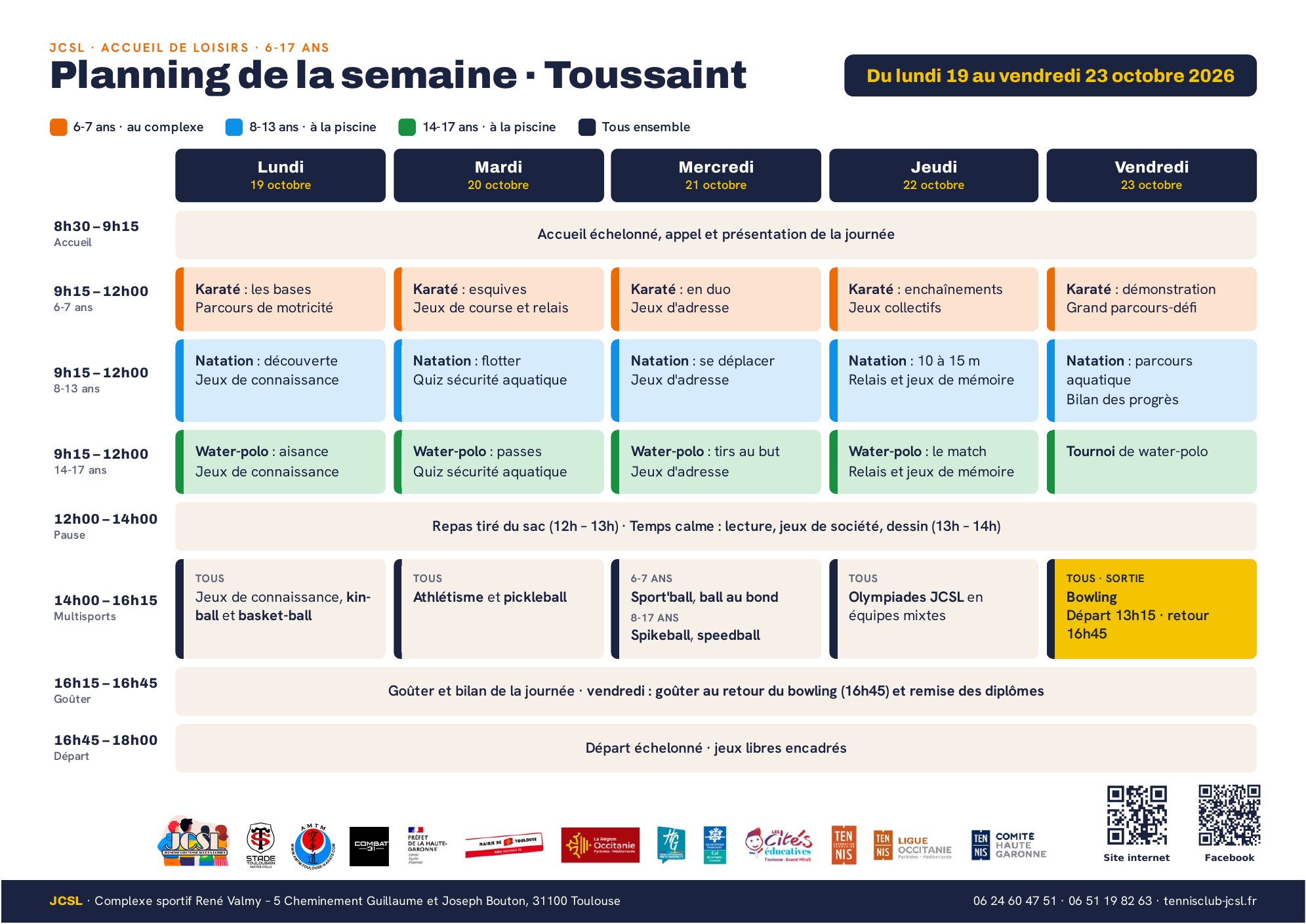 Planning de la semaine du stage de la Toussaint, du lundi 19 au vendredi 23 octobre 2026, par groupe d'âge